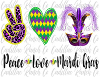 Peace, Love, Mardi Gras sublimation transfer